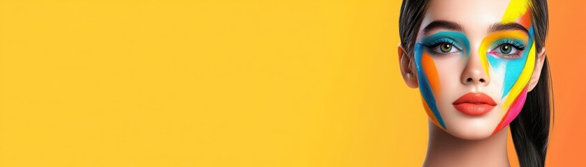 Vibrant Portrait of a Young Woman with Artistic Face Paint Against a Bold Yellow Background Showcasing Modern Beauty and Creativity in Fashion Photography