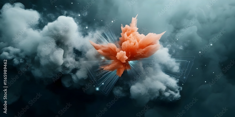 Poster futuristic digital landscape featuring abstract geometric shapes pulsing holographic displays and dy