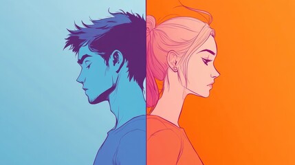 Couple flat design side view intimate theme cartoon drawing Split-complementary color scheme