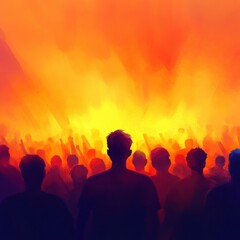 Crowd Silhouette Against Vibrant Sunset Background, Creating a Sense of Excitement and Unity in a Festival or Concert Environment with Bright Orange and Yellow Hues