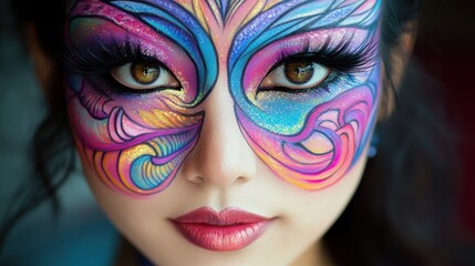 Close-up portrait of a woman with vibrant, colorful butterfly face paint.