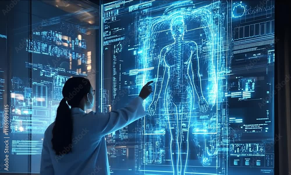 Poster scientist explores holographic display of human body, showcasing advanced technology and data visual