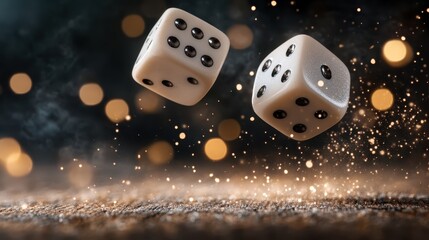 Two dice mid-roll with a backdrop of sparkling lights, creating an exciting atmosphere of chance and unpredictability, perfect for gaming or gambling contexts.