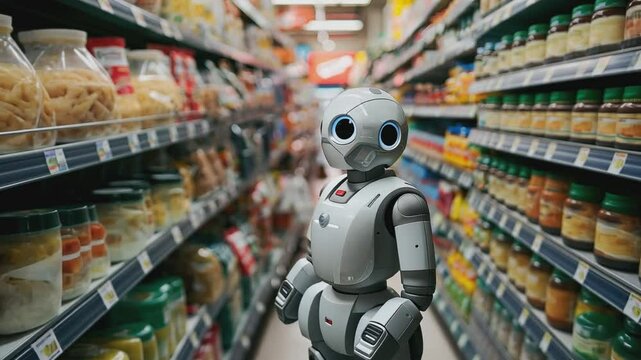 A humanoid robot stands in the middle of a supermarket aisle, surrounded by shelves stocked with various grocery items.