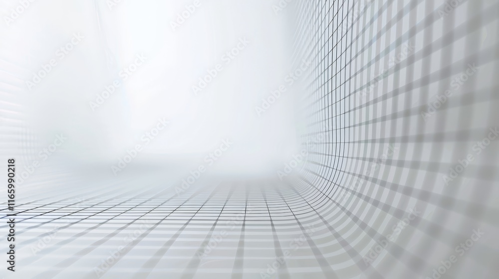 Poster featuring a white abstract background with a curved grid, creating a sense of perspective and depth 