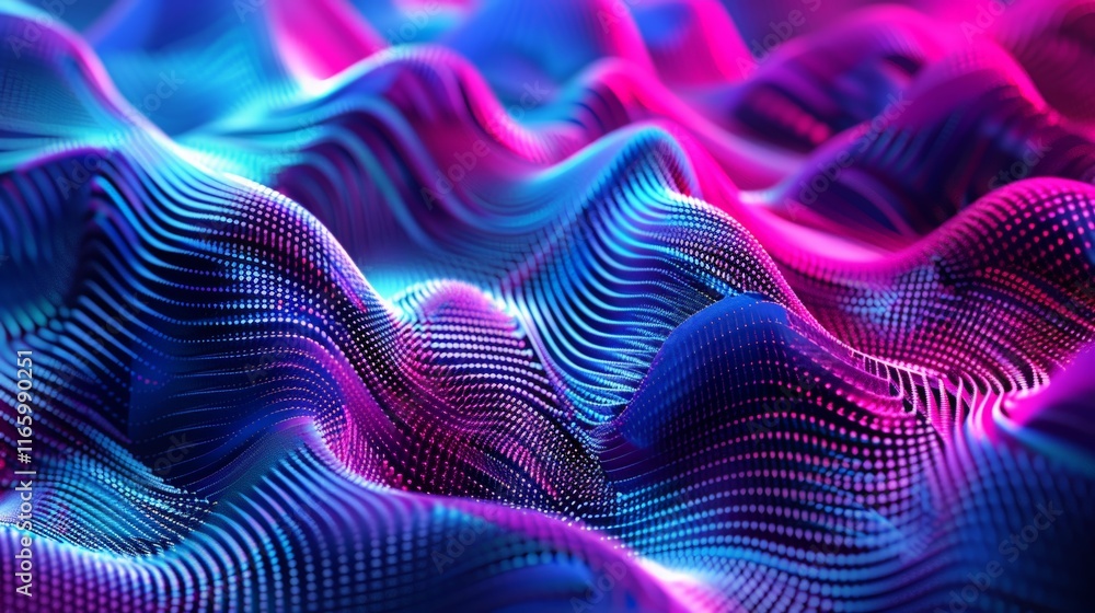 Poster particle waves in blue and pink colors creating a dynamic and flowing abstract design, ideal for dig
