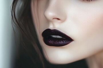 Close up of a woman showcasing bold black lipstick with striking features and elegant makeup