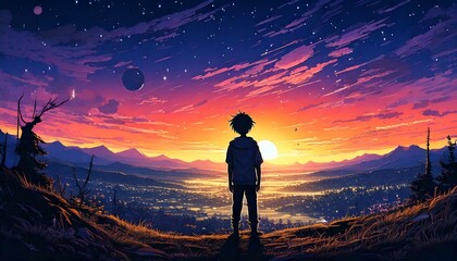 Obraz premium anime boy alone night scenery 4k - Rare Gallery, silhouette of a person, silhouette of a person in sunset, anime 4K wallpaper, silhouette of a person in the sunset