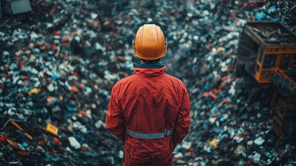 Worker overlooking a junkyard filled with debris.