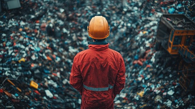 Worker overlooking a junkyard filled with debris.