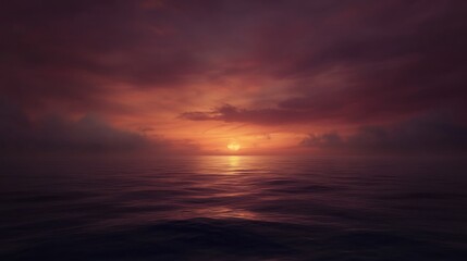 Fototapeta premium Dramatic sunset over calm ocean with dark clouds and orange sun.