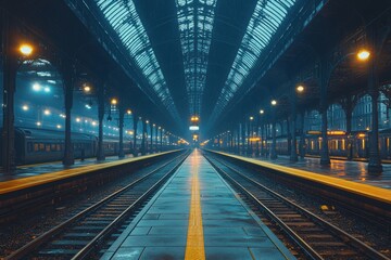 Fototapeta premium Train station with a long platform and a train in the middle