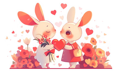 Bunnies Exchanging Heart and Flowers in Love