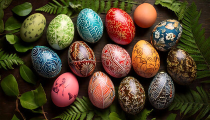 Vibrant, intricately designed Easter eggs arranged on a dark wooden background, adorned with lush green foliage.  Perfect for spring celebrations, greeting cards, or Easter-themed projects.