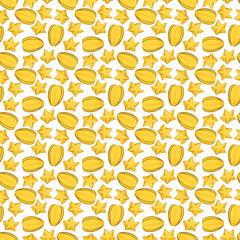 Carambola starfruit flat seamless pattern on white background. Wrapping paper, gift card, poster, banner design. Home decor, modern textile print. Summer bright geometric fruits patterned.
