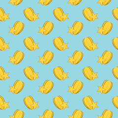Carambola starfruit flat seamless pattern on blue background. Wrapping paper, gift card, poster, banner design. Home decor, modern textile print. Summer bright geometric fruits patterned.