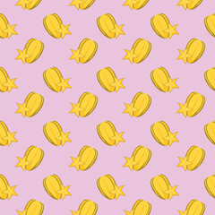 Carambola starfruit flat seamless pattern on pink background. Wrapping paper, gift card, poster, banner design. Home decor, modern textile print. Summer bright geometric fruits patterned.