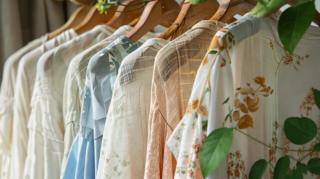 A stylish array of women's clothing hangs on wooden hangers, showcasing delicate floral prints and pastel hues. Perfect for a summer fashion blog or online store.