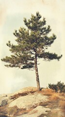 Obraz premium Solitary Pine on Rocky Hilltop: A Vintage Nature Scene