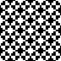 Seamless black and white geometric pattern, featuring a symmetrical design with pixel-style motifs. Suitable for backgrounds, wallpapers, textiles, fabrics and various creative projects.