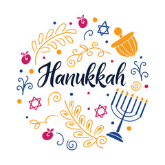 Festive Happy Hanukkah Circle Design with Symbols