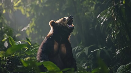 Obraz premium A brown bear roars in a lush green forest, sunlight filtering through the leaves.