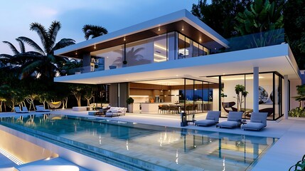 Fototapeta premium Modern villa with swimming pool at dusk. Luxury house in the evening