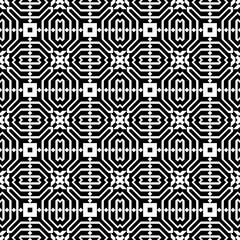 Seamless black and white geometric pattern, featuring a symmetrical design with abstract shapes. Suitable for backgrounds, wallpapers, textiles, fabrics and various creative projects.