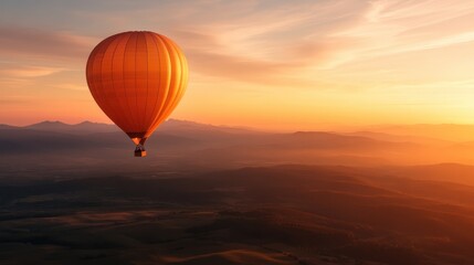 Obraz premium An elegant orange hot air balloon floats above a stunning sunset landscape, capturing the essence of exploration and adventure, as the sun paints the sky in hues of gold.