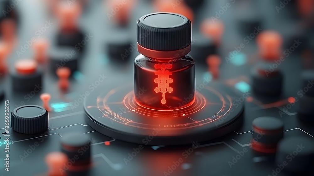 Poster Mesmerizing virtual pheromone synthesis process unfolding in a sleek futuristic tech laboratory setting featuring glowing holograms and captivating neon abstract patterns  A scene