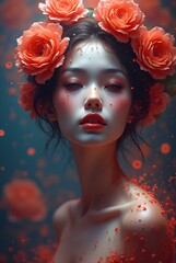 Naklejka premium A stunning portrait of a woman adorned with vibrant coral roses in her hair, featuring delicate petals and a soft glow, evoking elegance and ethereal beauty.
