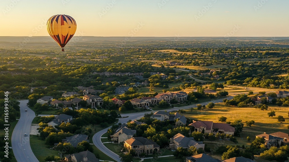 Wall mural A hot air balloon floats over a scenic suburban landscape at sunset.