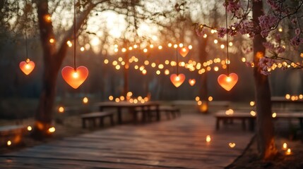 The image depicts a serene outdoor setting adorned with hanging hearts and soft glowing lights, creating an enchanting atmosphere of love and warmth during twilight.
