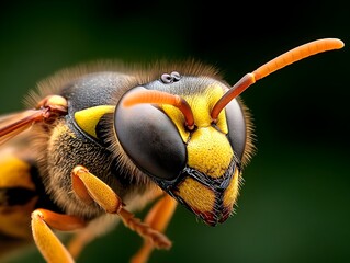 Macro Photograph of a Wasp s Intricate Exoskeleton and Segmented Abdomen Secreting Alarm Pheromones to Rally the Colony to Defense Surrounded by Lush Green Foliage