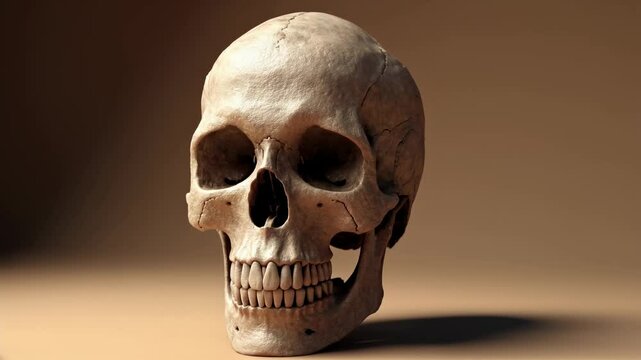3D anatomical video of a rotating human skull with a bone-covered surface of the brain