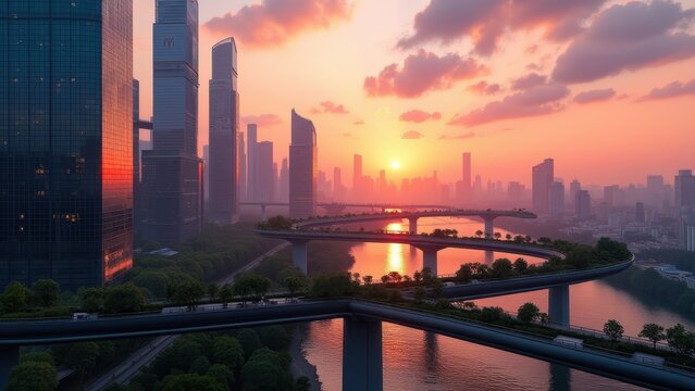 A futuristic skyline of a modern megacity with towering glass skyscrapers, sleek bridges, and rooftop gardens, all bathed in the glow of a vibrant sunset