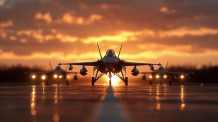 A fleet of fighter jets lined up on the runway, illuminated by the vibrant colors of dusk, signifies both military might and the beauty of avionic technology.