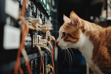 Curious orange tabby cat explores electrical wiring in a technology setting at dusk