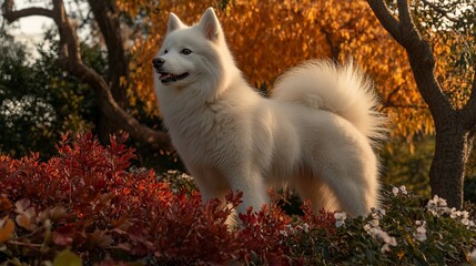 Fototapeta premium White fluffy dog in autumn foliage.