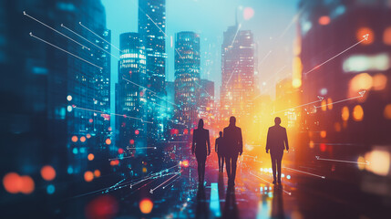 Obraz premium Abstract business team stands on the peak of success amid tall, innovative Smart city and graphs with statistics to analyze business potential and predict future developments in company growth.