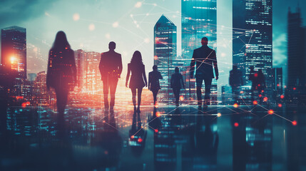 Obraz premium Abstract business team stands on the peak of success amid tall, innovative Smart city and graphs with statistics to analyze business potential and predict future developments in company growth.