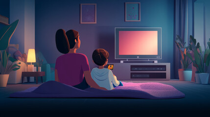Movie time banner with woman and child watching tv. Vector landing page of family watch cinema with cartoon illustration of mother with girl sitting on blanket in dark living room with television