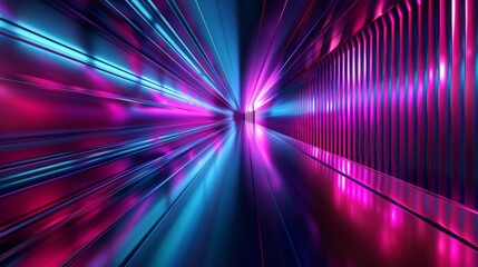 Pink and blue neon lights creating vibrant reflections in a metallic corridor, ideal for backgrounds and wallpapers