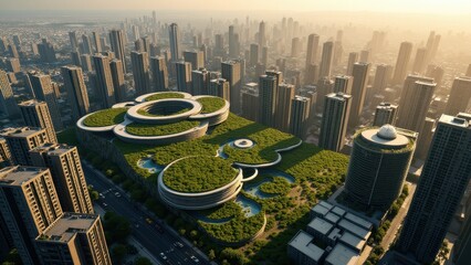 An aerial view of a sprawling megacity with intricate networks of roads, high-rise buildings, and green parks, showcasing a blend of modern architecture and sustainable design