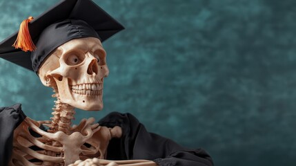 A skeleton wearing a graduation cap and gown symbolizes the celebration of academic achievement, highlighting the joy and importance of education even in a humorous way.