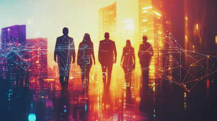 Obraz premium Abstract business team stands on the peak of success amid tall, innovative Smart city and graphs with statistics to analyze business potential and predict future developments in company growth.