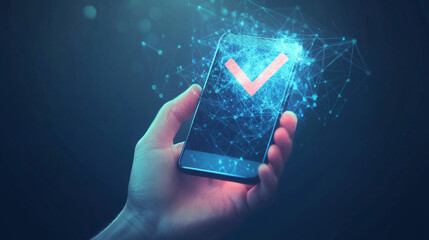 Abstract illustration of low poly checkmark symbol over smartphone in hand. Blue geometric background depicting quality management, client service and guarantee check mark concept by wireframe mesh