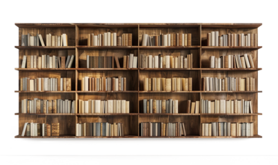 set of wooden book shelve with alot of books in it on a transparent background