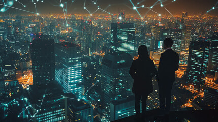 Fototapeta premium Abstract business team stands on the peak of success amid tall, innovative Smart city and graphs with statistics to analyze business potential and predict future developments in company growth.