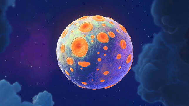 Fantasy space planet for ui galaxy game. Vector cartoon icon of magic dumpling alien world, fantastic cosmic object with orange bubbles. Illustration of unusual astronomy